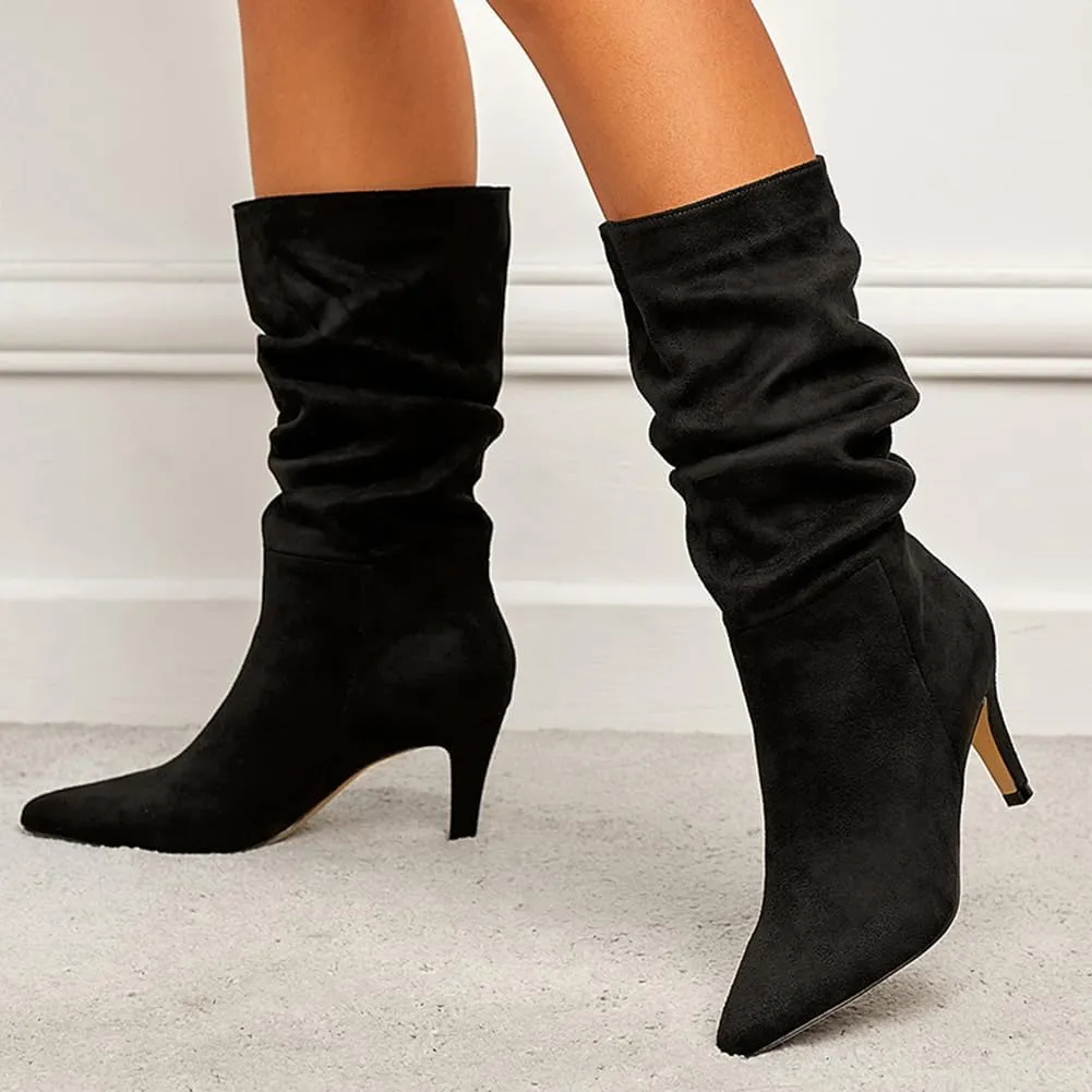 Women's Slouch Mid Calf Boots Stiletto Heel Mid High Suede Boots