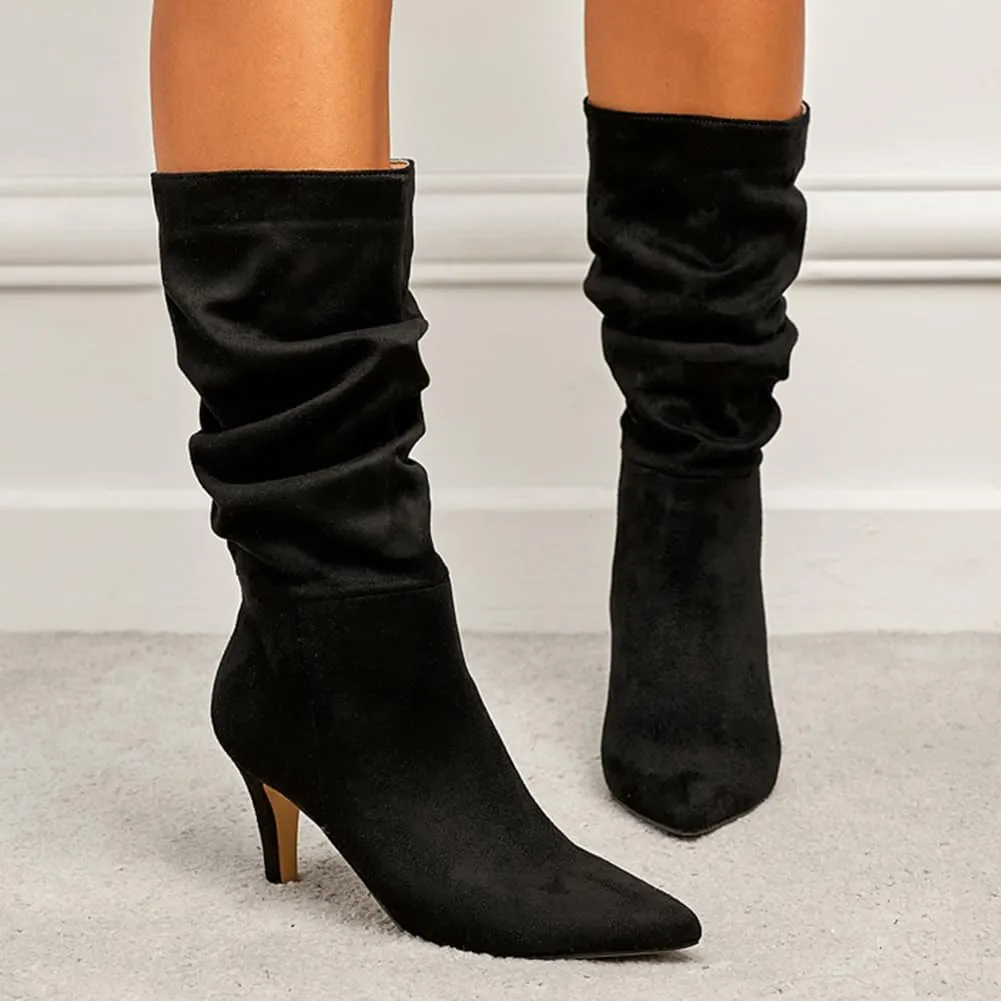 Women's Slouch Mid Calf Boots Stiletto Heel Mid High Suede Boots