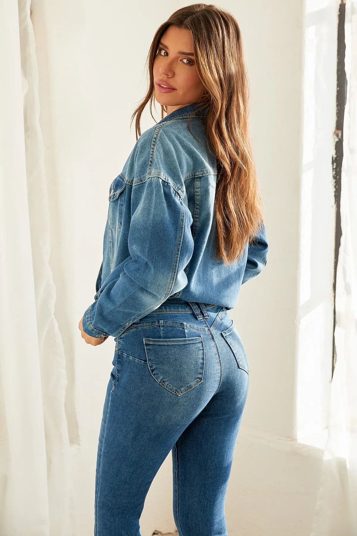 Women’s Sustainable WannaBettaButt Mid Rise Bootcut Jeans Jacket From YMI JEANS