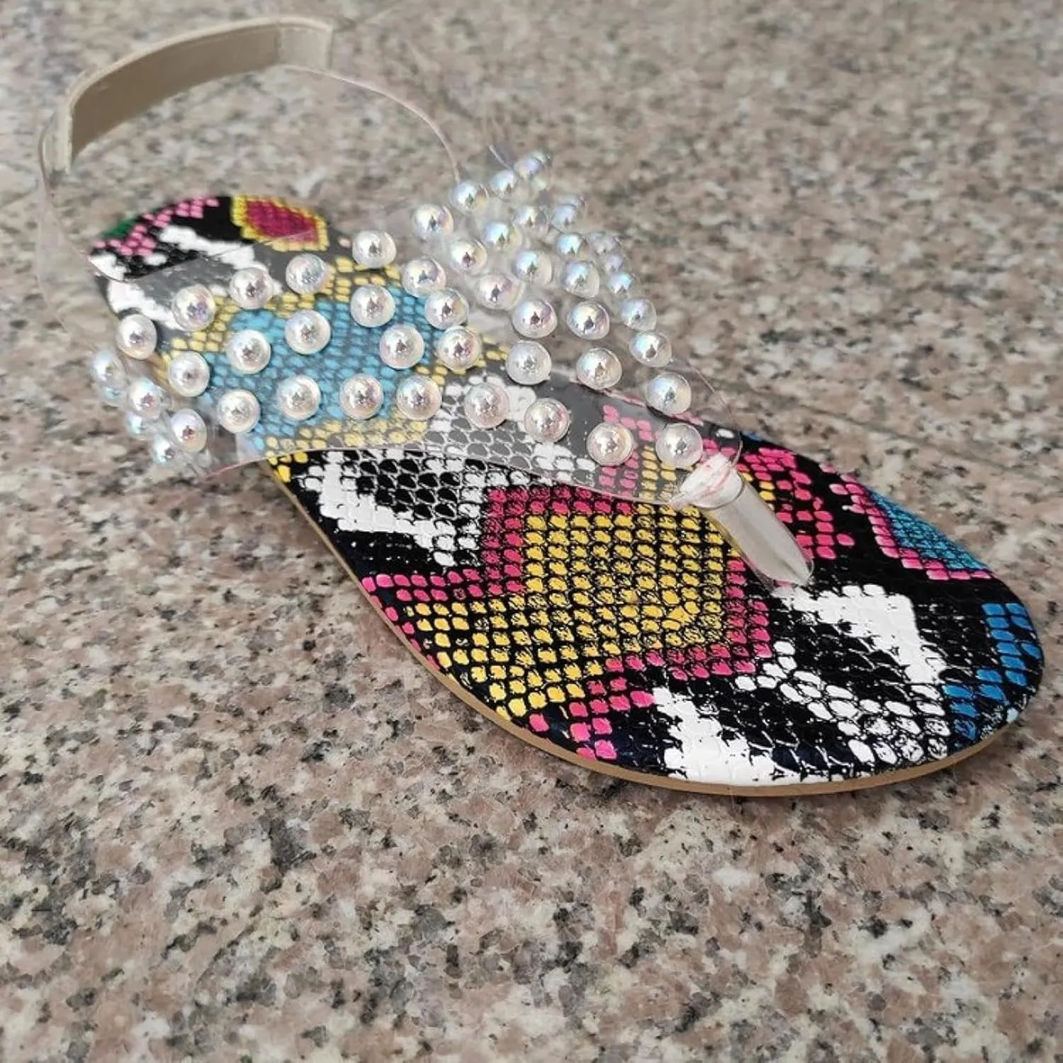 Women's T-shaped Sandals, Rhinestone Transparent Ankle Strap, Snake Skin Pattern, Classic Beach Flip Flop Sandals