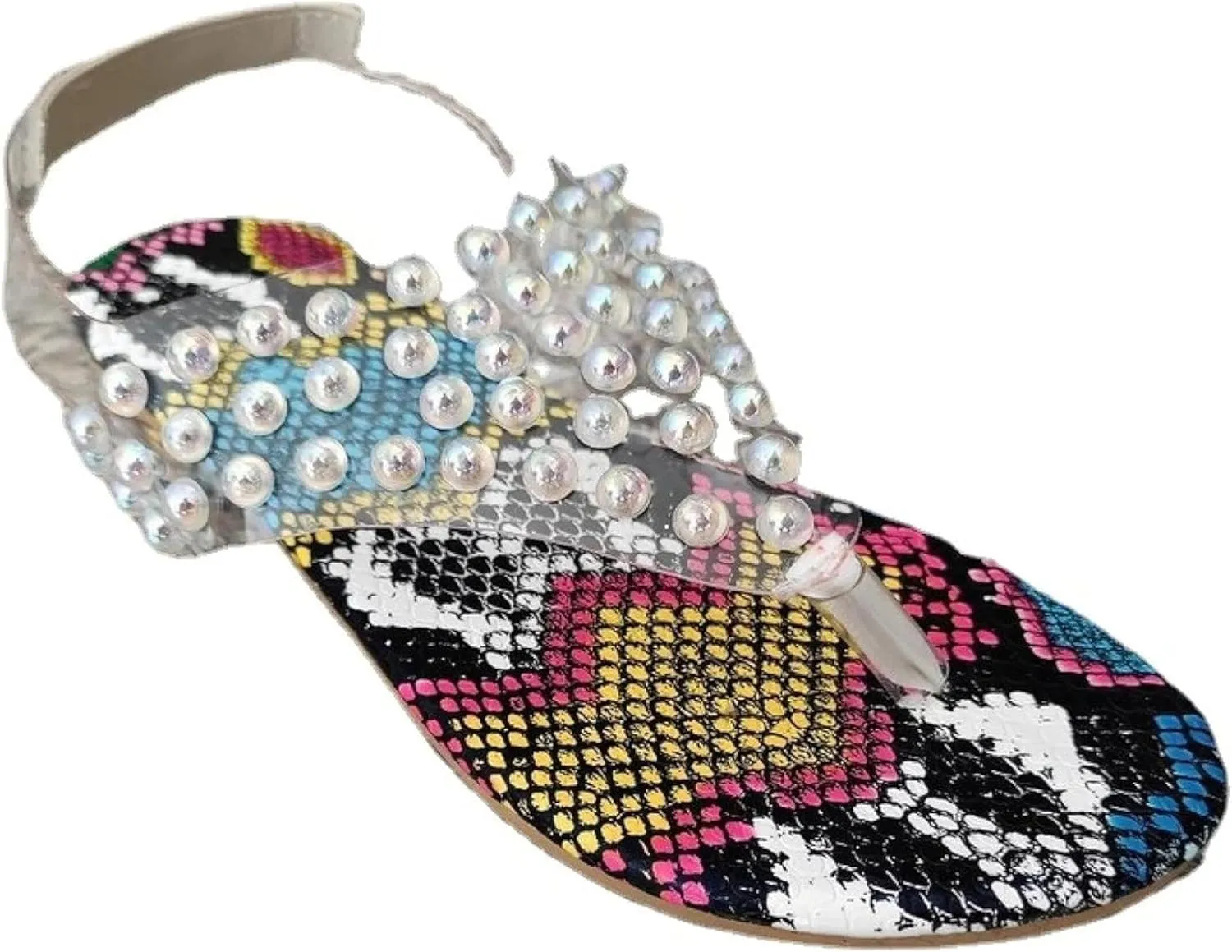 Women's T-shaped Sandals, Rhinestone Transparent Ankle Strap, Snake Skin Pattern, Classic Beach Flip Flop Sandals