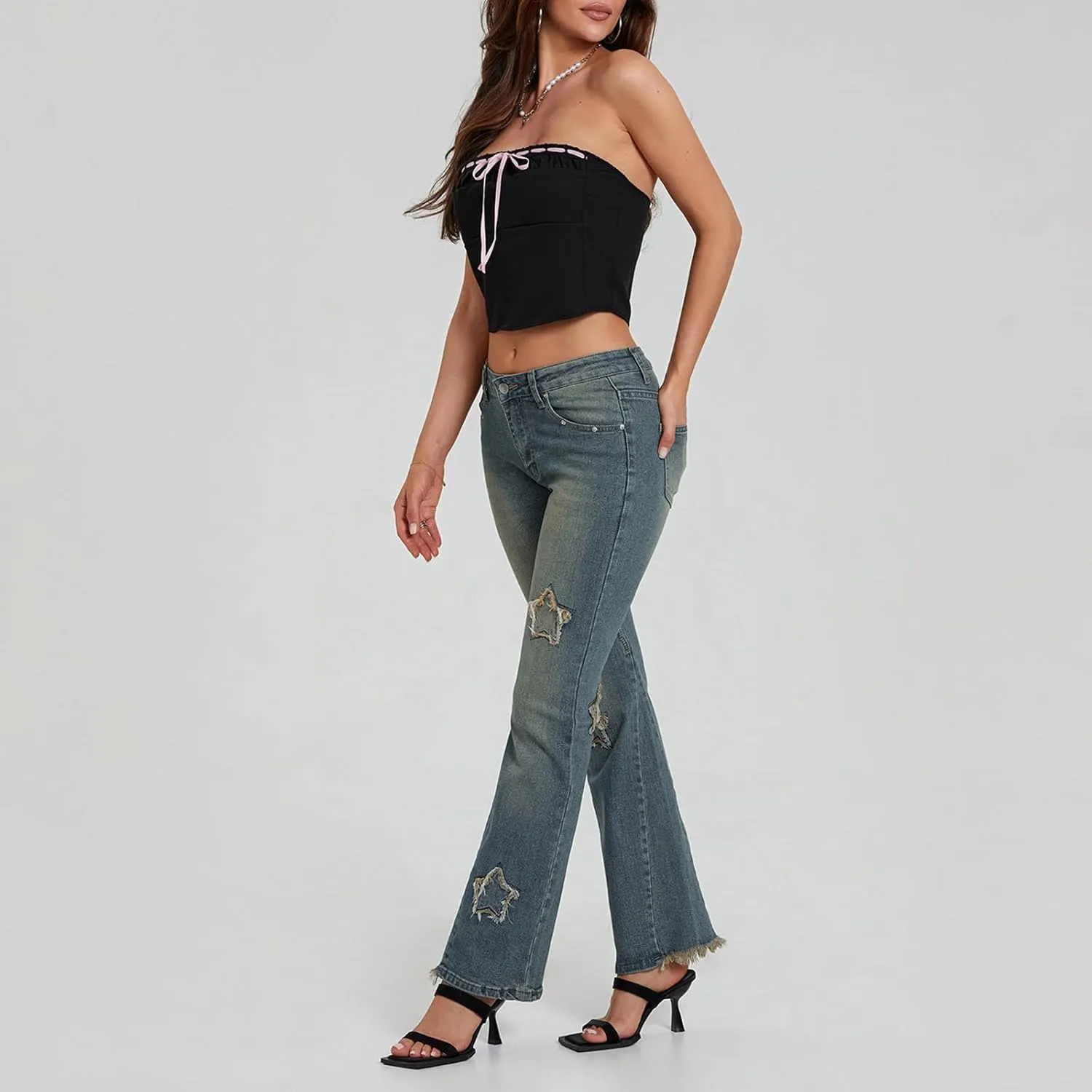 Womens Y2k Bootcut Jeans Pull On Wide Leg Stretch Washed Distressed Skinny Flare Pants Low Rise Trouser