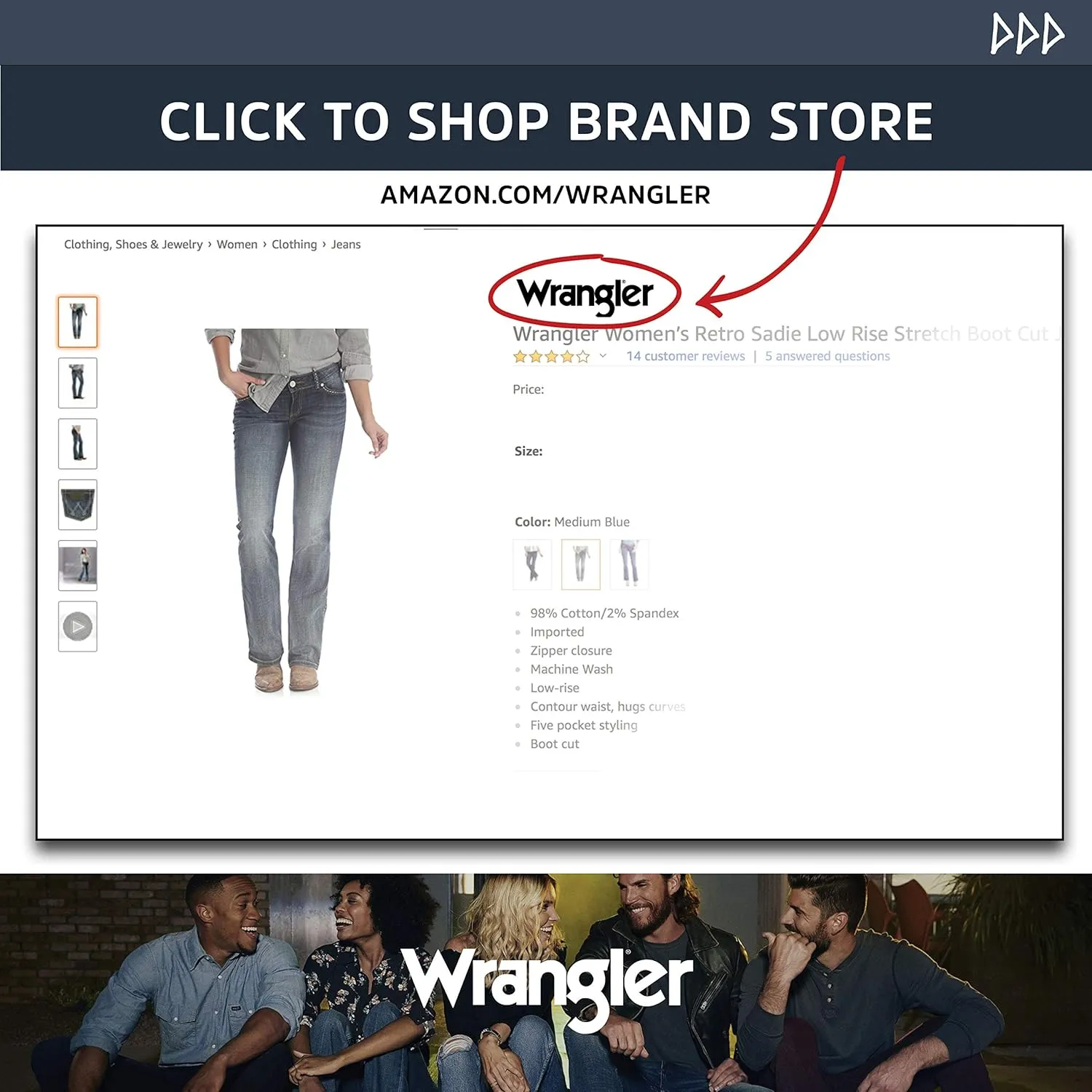Wrangler Womens Western Mid Rise Stretch Boot Cut Jean