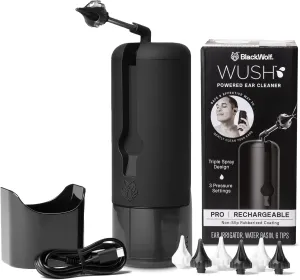 Wush Pro By Black Wolf- Deluxe Water Powered Ear Cleaner- Safe & Effective- Electric Triple Jet Stream 3 Pressure Settings For Ear Wax Buildup- Ear Wax Removal Kit- Water Resistant USB Rechargeable