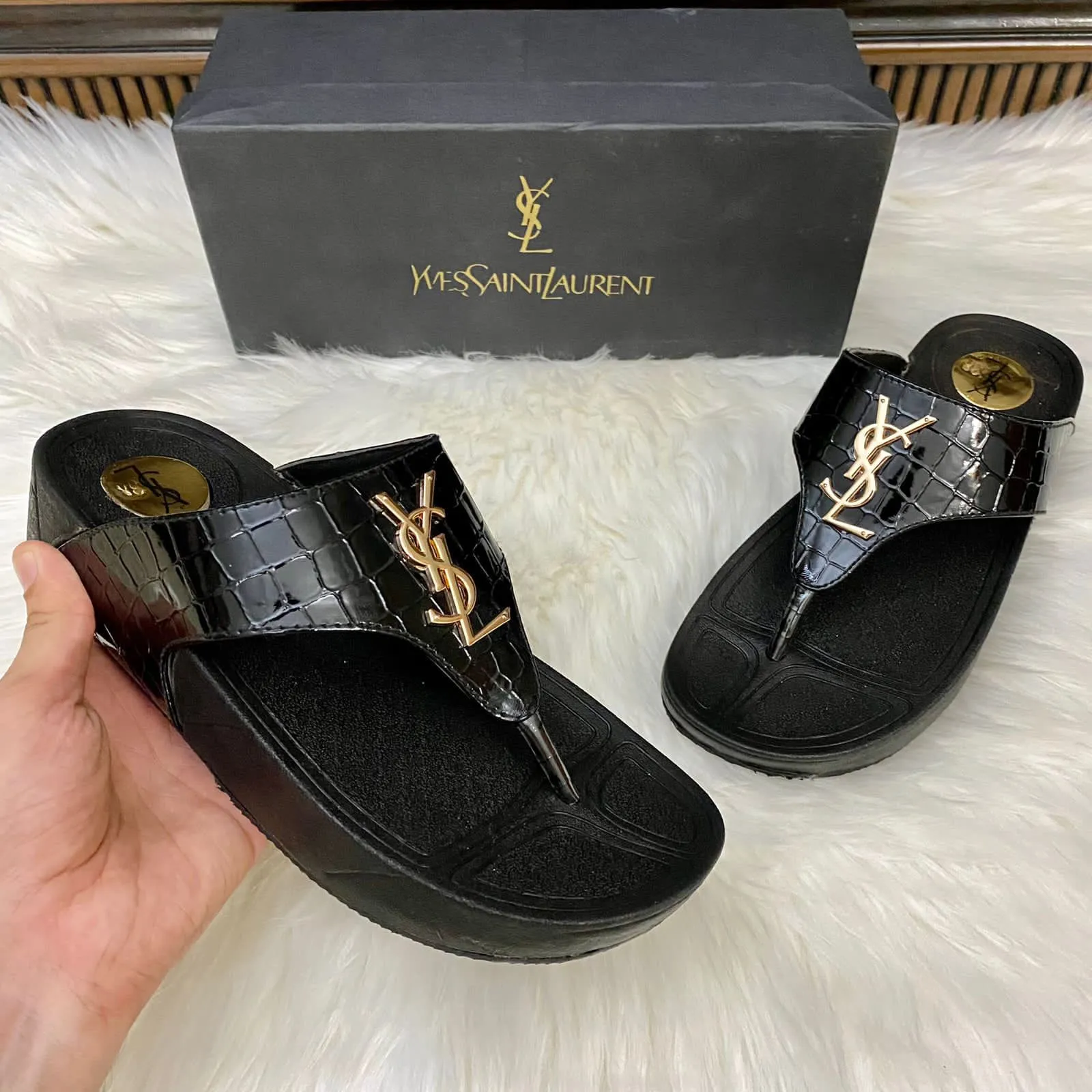 YSL Crocodile Textured Wedges
