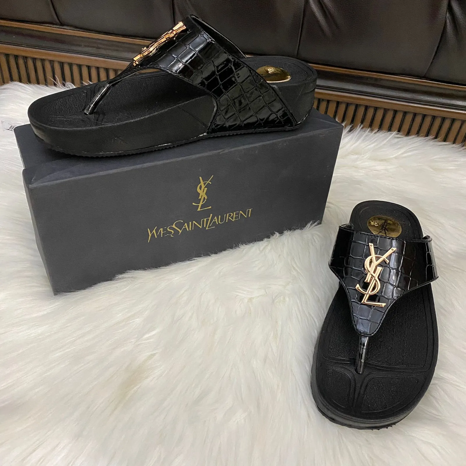 YSL Crocodile Textured Wedges