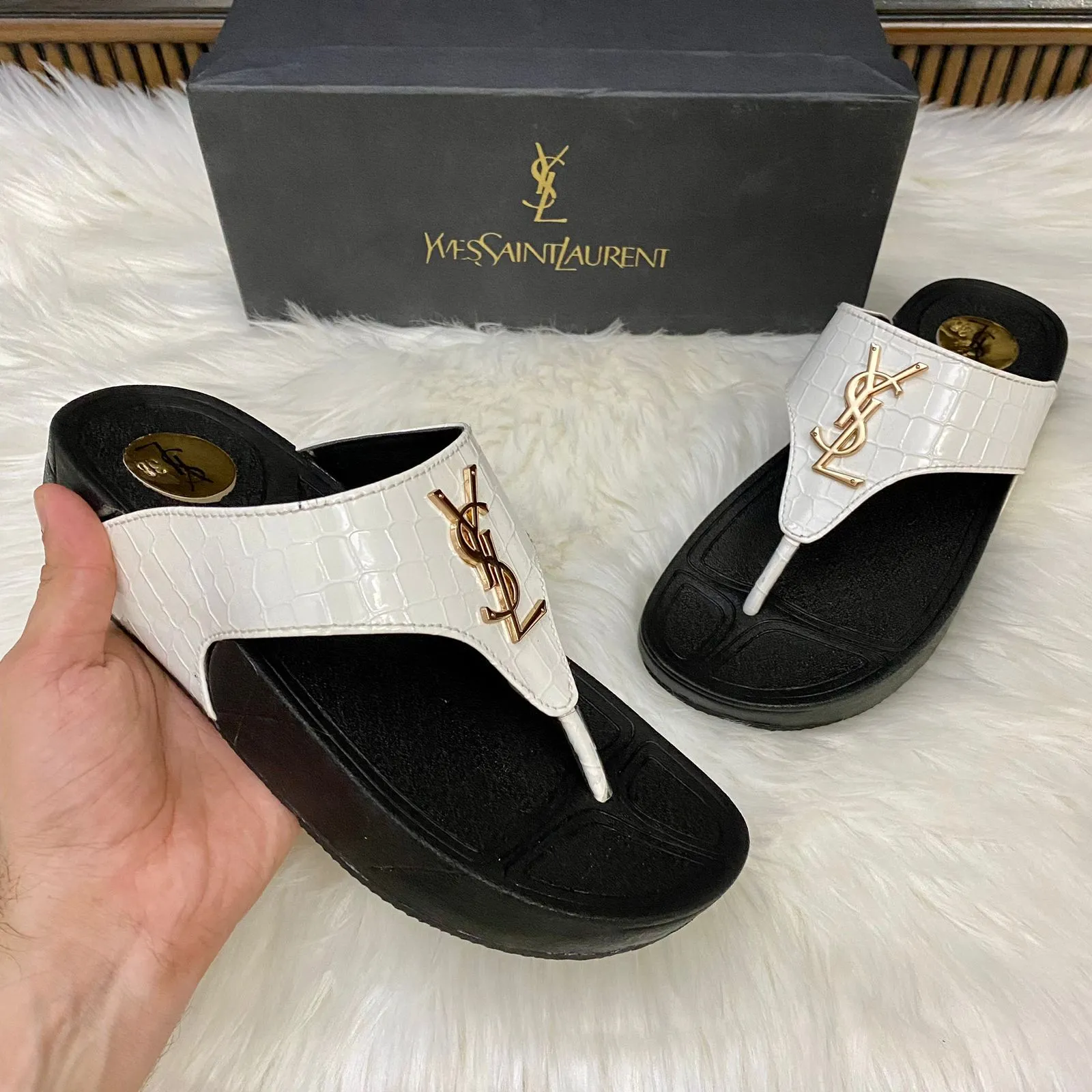 YSL Crocodile Textured Wedges