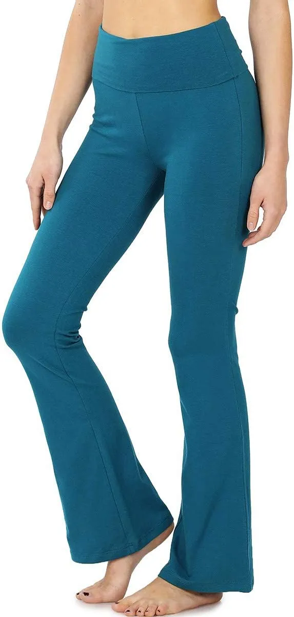 Zenana Women Fold Over Waist Cotton Stretch Flare Leg Boot Cut Yoga Pants Leggings